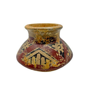 Tribal Style Pottery Vessel Replica Geometric Design Aged Finish 5” Decor